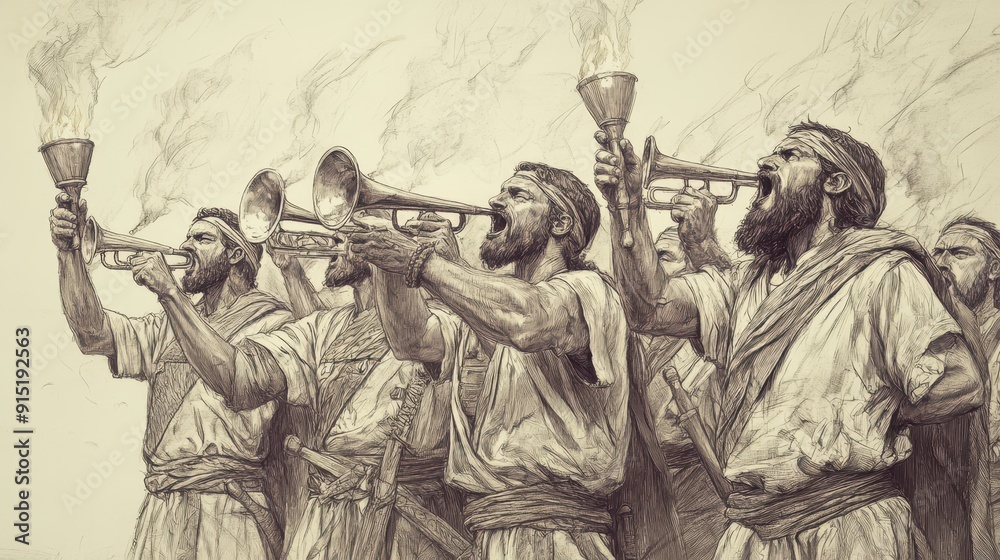 Biblical Illustration of Judges: Gideon’s Victory Over the Midianites, Gideon and Men Blowing Trumpets, Breaking Jars, Holding Torches High in Night, Bible Wall Art on Beige Background Biblical Illustration of Judges: Gideon’s Victory Over the Midianites, Gideon and Men Blowing Trumpets, Breaking Jars, Holding Torches High in Night, Bible Wall Art on Beige Background