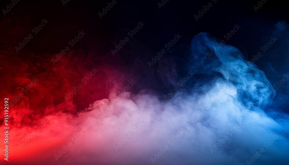 Fototapeta premium Abstract Gradient Smoke in Motion. Vivid Red and Blue Mist Clouds Colliding and Dissipating Against a Black Background. Patriotic Themed Background For Political Topics USA Flag Colors Election Vote