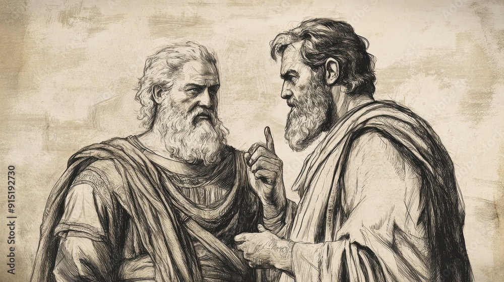 Fototapeta premium Biblical Illustration of Judges: Samson’s Marriage and Riddle, Samson’s Parents Expressing Concerns About His Choice, Urging to Marry Israelite Woman, Bible Wall Art on Beige Background