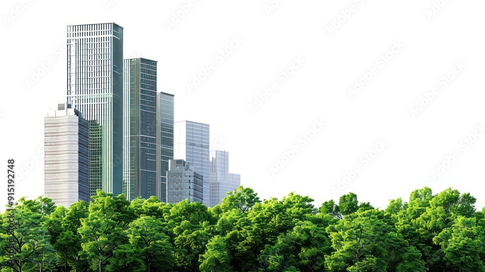 Fototapeta premium Modern skyscrapers behind lush greenery