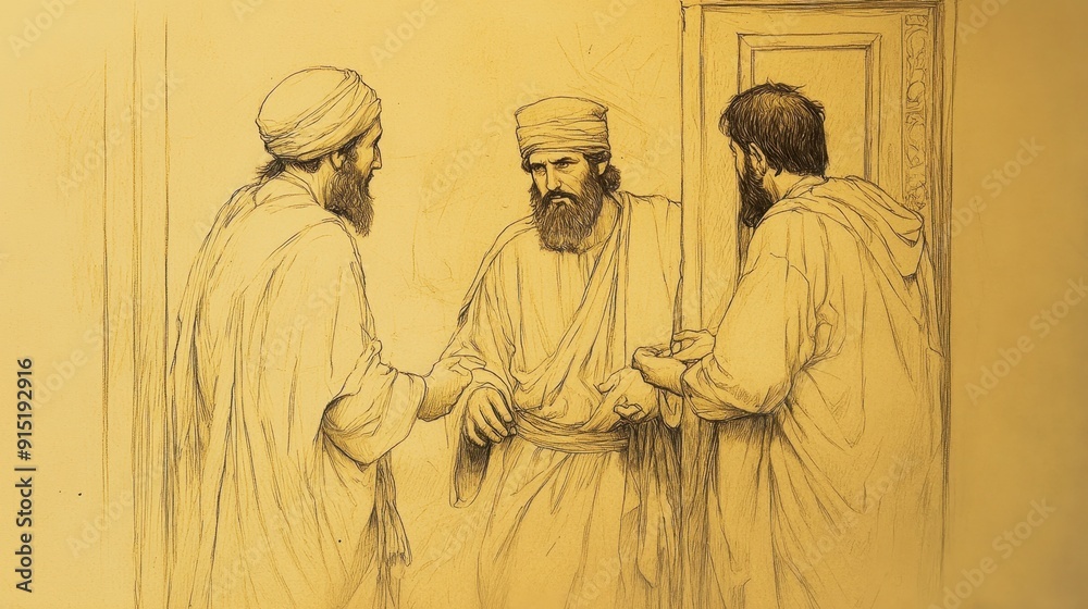 Naklejka premium Biblical Illustration of Judges: Micah’s Idols, Levite Accepting Micah’s Offer, Becoming His Priest and Serving at Household Shrine, Bible Wall Art on Beige Background