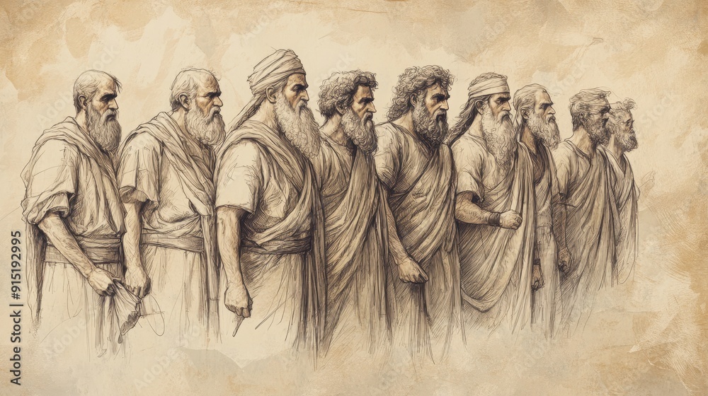 Fototapeta premium Biblical Illustration of Judges: Return of Benjaminites, Fathers and Brothers of Shiloh Women Protesting Abduction to Israelites, Bible Wall Art on Beige Background