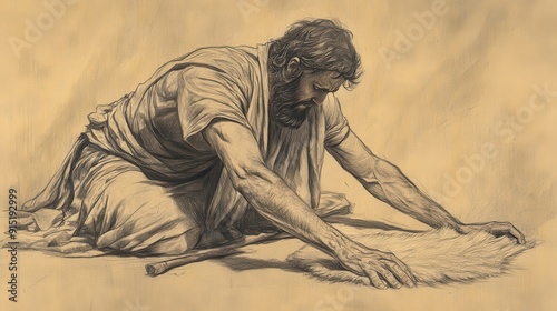 Biblical Illustration of Judges: Gideon’s Call and Signs, Gideon Laying Out Fleece of Wool on Threshing Floor, Asking God for Sign, Bible Wall Art on Beige Background