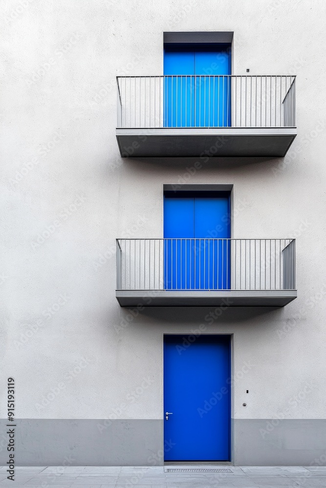 Obraz premium A minimalist grey residential complex with simple, angular architecture. There is a single, vibrant blue door, creating a focal point in the monochromatic setting. 