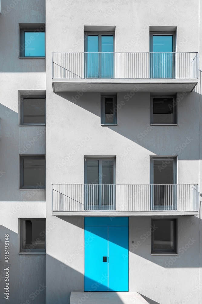 A minimalist grey residential complex with simple, angular architecture. There is a single, vibrant blue door, creating a focal point in the monochromatic setting. A minimalist grey residential complex with simple, angular architecture. There is a single, vibrant blue door, creating a focal point in the monochromatic setting.