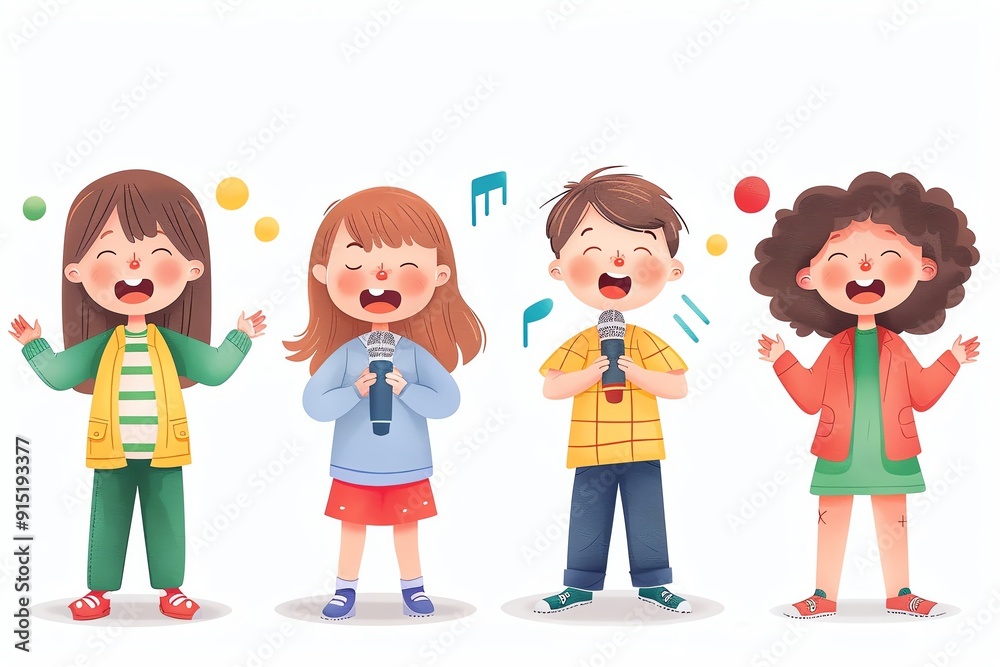 Four cheerful children singing and having fun together with microphones in a vibrant, animated style. Four cheerful children singing and having fun together with microphones in a vibrant, animated style.