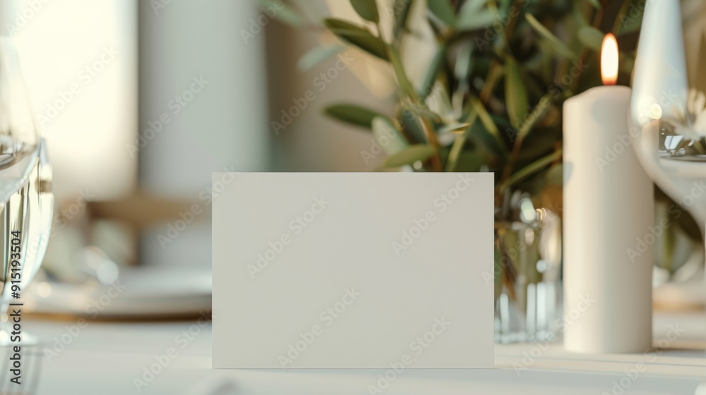 An elegantly set dining table with a blank placeholder card, surrounded by greenery and soft candlelight, creating a warm and inviting ambiance. An elegantly set dining table with a blank placeholder card, surrounded by greenery and soft candlelight, creating a warm and inviting ambiance.
