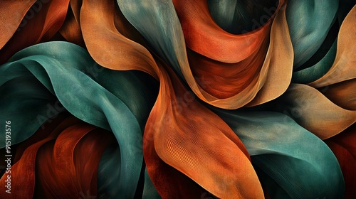 A digital art piece featuring an abstract composition of flowing, wavy lines in earthy tones like terracotta and teal, with textured leaves woven into the fabric for depth photo