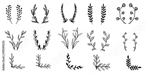 Hand drawn minimalist vector floral wreath composition border doodle sketch frame corner decoration scrapbook elements.