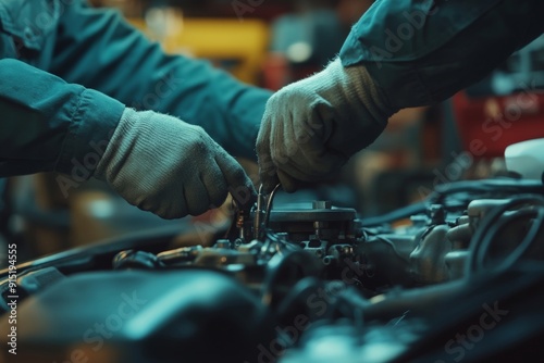 Close up of auto mechanic s hands servicing a car in a repair workshop, performing maintenance tasks