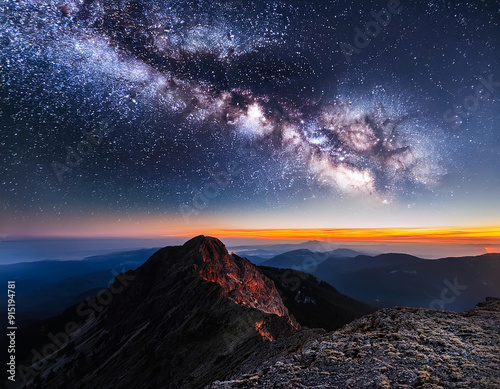 Photo d'astronomie représente le ciel étoilé, la voie lactée et ses constellations, un panorama depuis la montagne