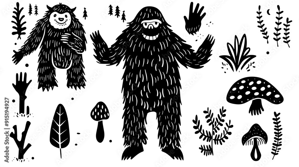 Obraz premium Doodle black linocut cute weird cryptozoology crypto bigfoot animal different elements isolated on 100% white background, Texture, background, pattern