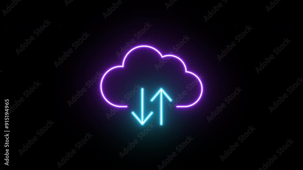 Neon digital cloud icon, data transfer animation. Glowing neon cloud storage with arrows, looped animation. Cloud space and technology, data backup, file repository, datacenter. Violet, blue colors Neon digital cloud icon, data transfer animation. Glowing neon cloud storage with arrows, looped animation. Cloud space and technology, data backup, file repository, datacenter. Violet, blue colors
