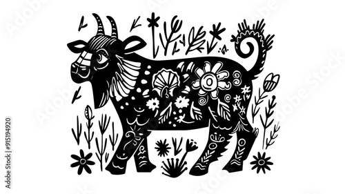 Doodle black linocut cute weird cryptozoology crypto animal different elements isolated on 100% white background, Texture, background, pattern