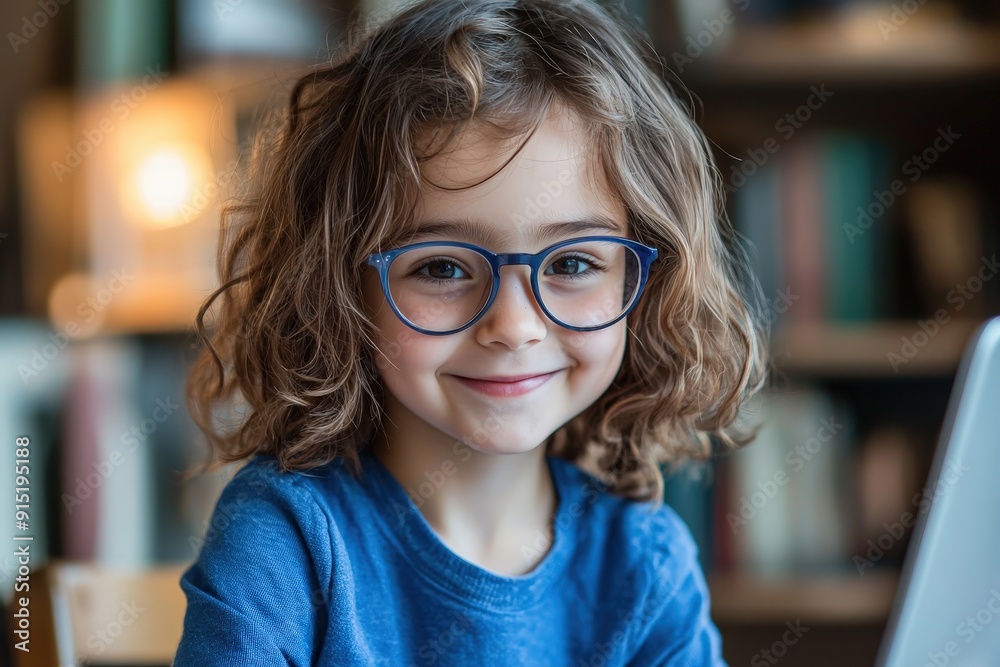 A cheerful girl wearing glasses is focused on her laptop in a warm, inviting room with bookshelves and soft lighting A cheerful girl wearing glasses is focused on her laptop in a warm, inviting room with bookshelves and soft lighting