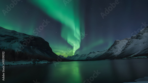 mountains with snow and a lake with green lights in the sky