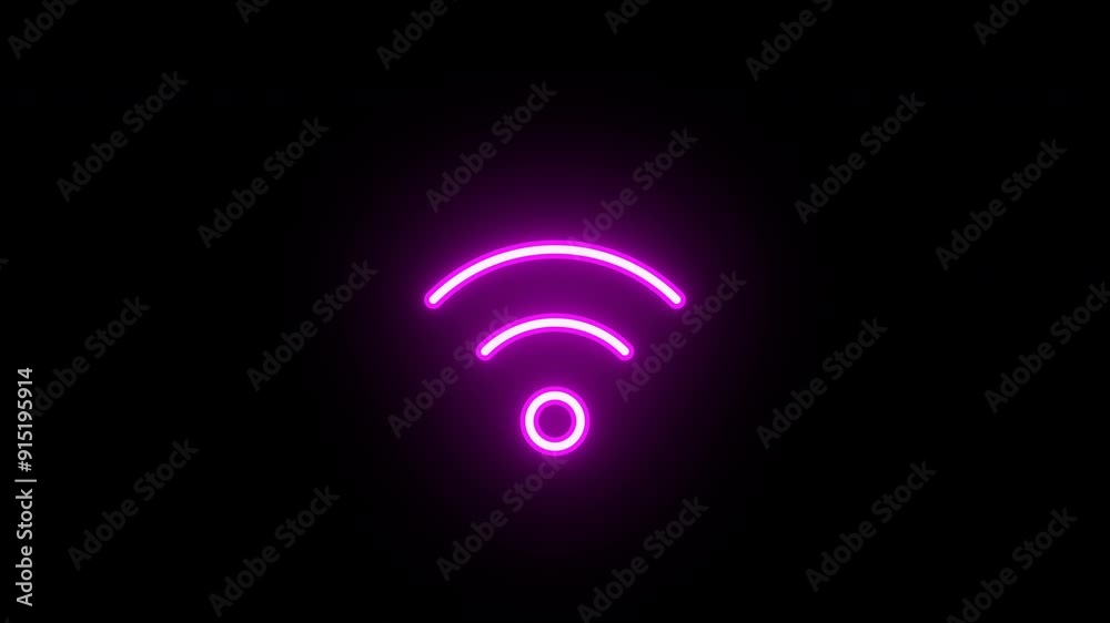 Neon wifi icon, network connection animation. Wireless internet, 5g wifi signal, hotspot, search connection, find new device. Glowing neon wifi sign, looped animation. Magenta, violet colors