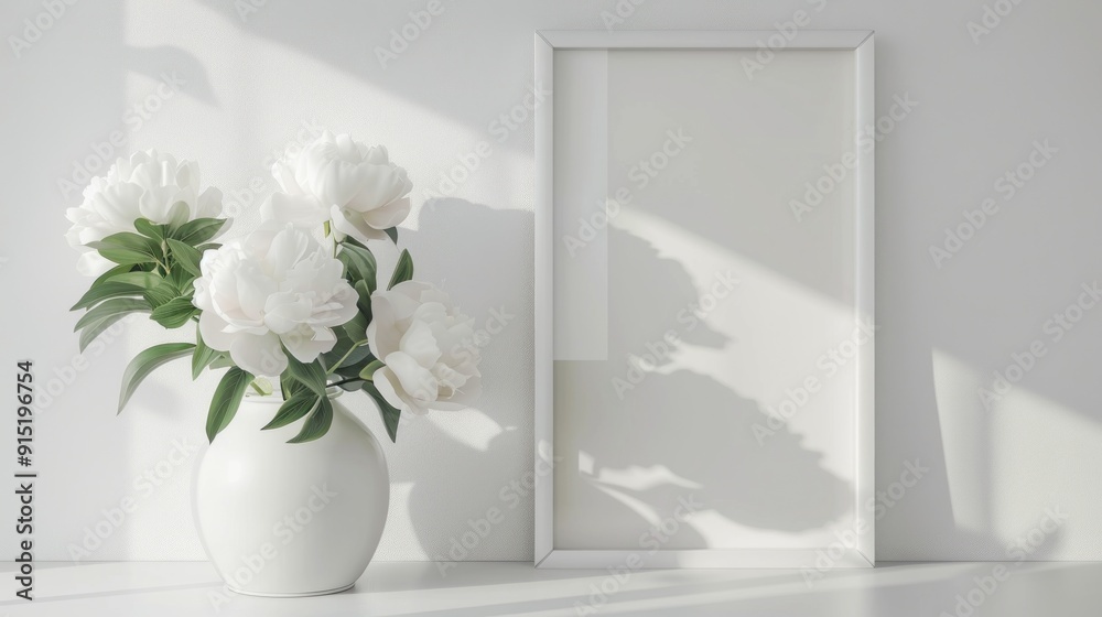 White Peonies in a Vase with a White Frame White Peonies in a Vase with a White Frame