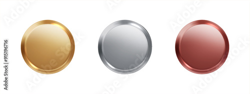 Medals gold, silver and bronze realistic set . PNG Round realistic award seals isolated. Golden design element for labels.