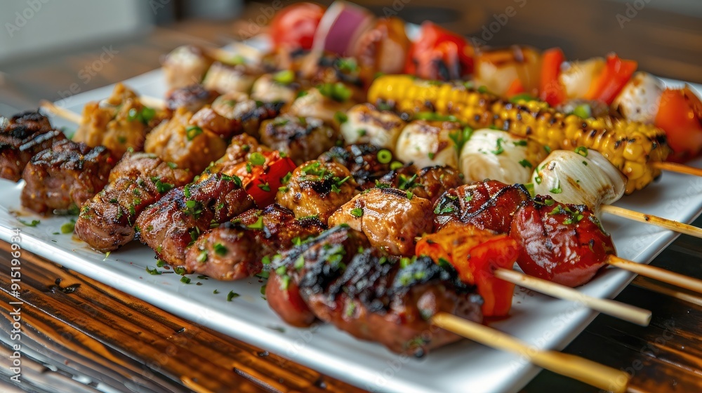 skewer of grilled meat vegetables juicy, charred textures barbecue background skewer of grilled meat vegetables juicy, charred textures barbecue background