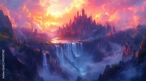 Majestic Fantasy Castle in Mountain Landscape with Waterfalls and Colorful Sky