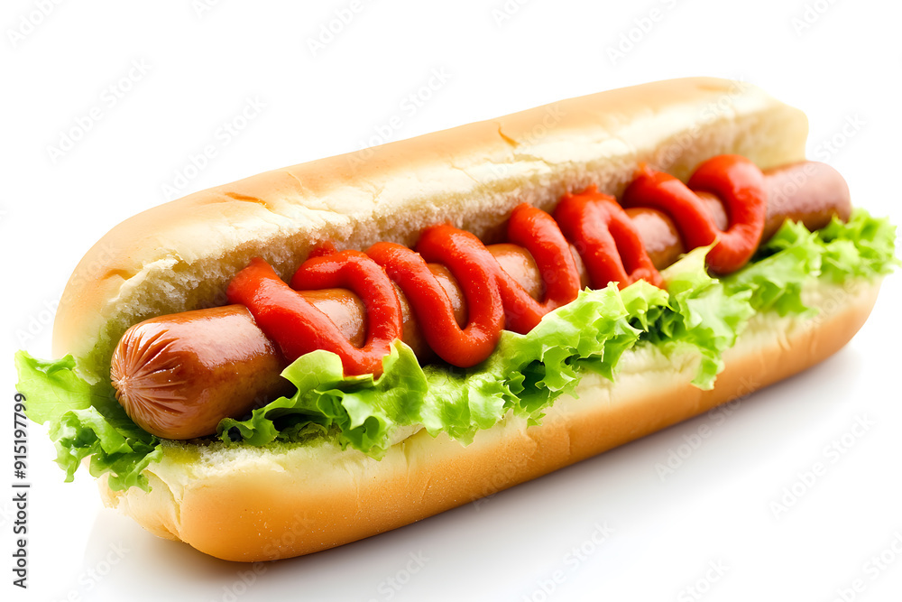 Hot dog with ketchup and mustard on white background Hot dog with ketchup and mustard on white background