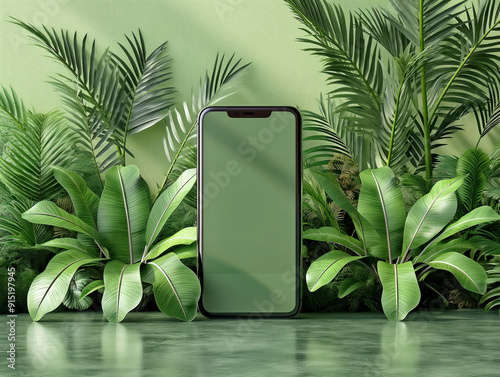 A phone is displayed in front of a green background with leaves. The phone is turned off and has a green screen. Scene is calm and peaceful, as the phone is placed in a natural setting with greenery
