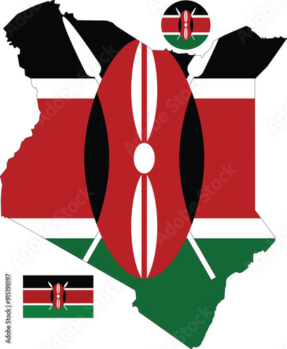 Kenya map with national flag on white background. Vector illustration.