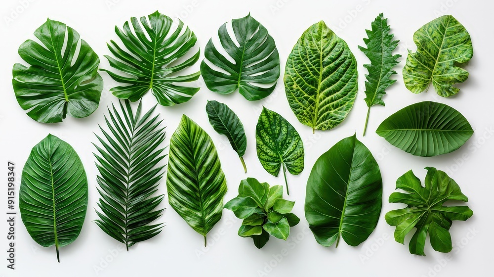 Various tropical leaves are neatly arranged on a clean background, highlighting their diverse shapes and rich green colors Various tropical leaves are neatly arranged on a clean background, highlighting their diverse shapes and rich green colors