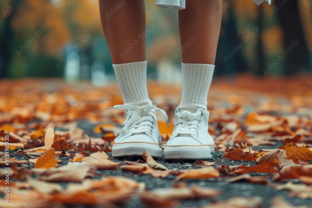 A person standing on a leaf-covered ground, ideal for autumn or nature-themed concepts A person standing on a leaf-covered ground, ideal for autumn or nature-themed concepts