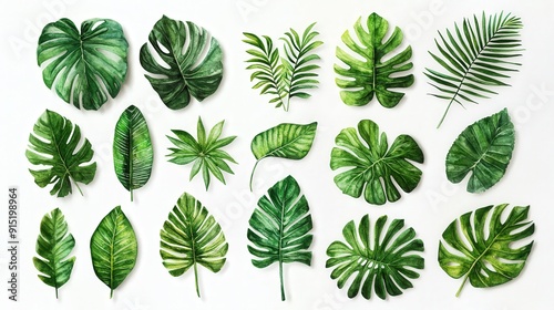 Various tropical leaves display their unique shapes and vibrant green hues, arranged artistically on a light surface for aesthetic appeal photo