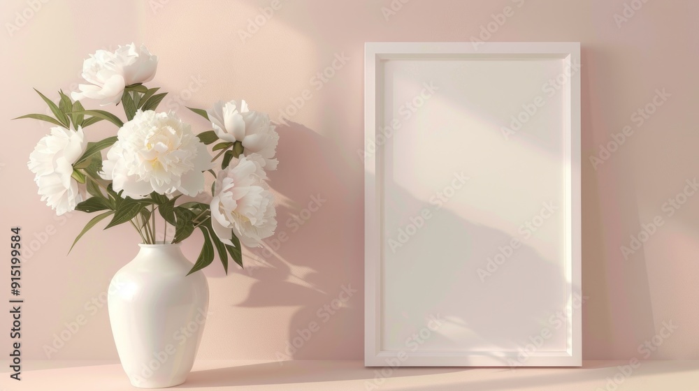 White Peonies in a Vase and a Blank Picture Frame White Peonies in a Vase and a Blank Picture Frame