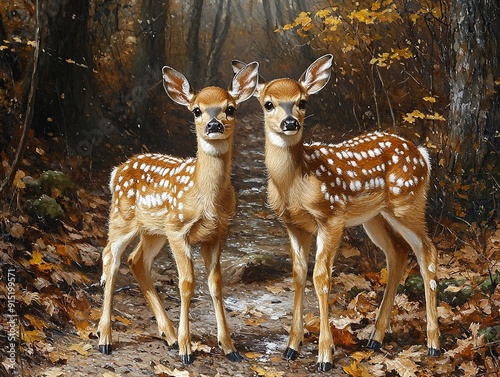 Young white-tailed deer fawn with its hind peacefully grazing on a rustic woodland trail, showcasing a tranquil wildlife scene