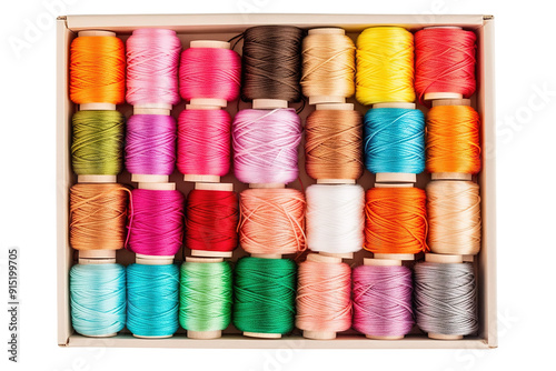 Colorful Spools of Thread Perfectly Arranged in a Crafting Box Displaying Artistic Potential on a Bright Sunny Day on Transparent PNG Background.