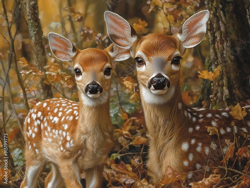 Close-up of a white-tailed deer fawn and its hind moving gracefully along a natural trail, capturing the essence of forest life