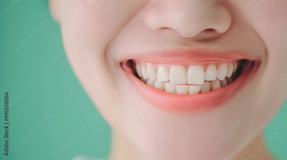 Radiant Smile, Healthy Glow: A close-up captures the infectious joy of a woman's perfect smile, highlighting healthy teeth against a vibrant teal background. Radiant Smile, Healthy Glow: A close-up captures the infectious joy of a woman's perfect smile, highlighting healthy teeth against a vibrant teal background.