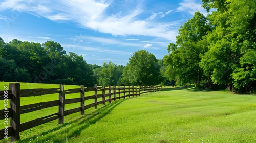 Serene Countryside: A wooden fence meanders through a lush green pasture, with towering trees and a vibrant blue sky providing a picturesque backdrop