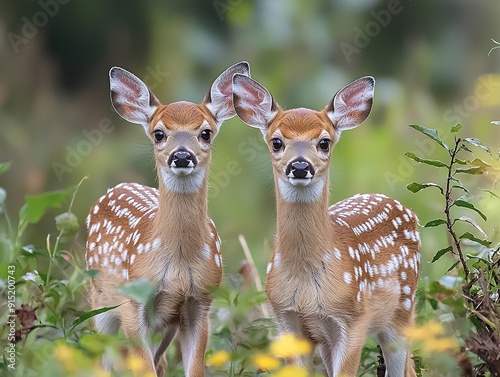 A white-tailed deer fawn and its hind strolling along a quiet woodland path, blending seamlessly with the surrounding nature