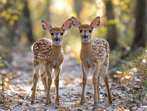 A white-tailed deer fawn and its hind strolling along a quiet woodland path, blending seamlessly with the surrounding nature