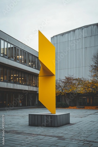 A modern grey university campus with clean lines and geometric buildings is punctuated by a single, vividly colored yellow sculpture in the central courtyard photo