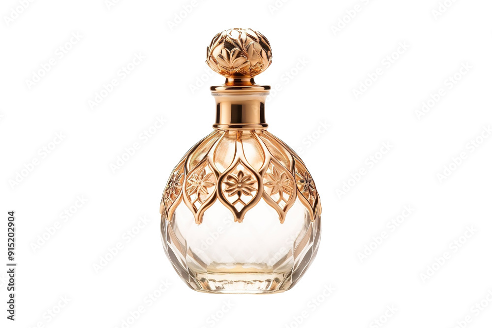 Delicate Golden Perfume Bottle Shimmering Under Soft Light on Elegant Table on Transparent PNG Background. Delicate Golden Perfume Bottle Shimmering Under Soft Light on Elegant Table on Transparent PNG Background.