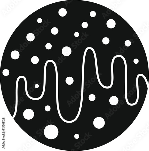 Black and white icon of a round cookie covered with melted white chocolate and sprinkles
