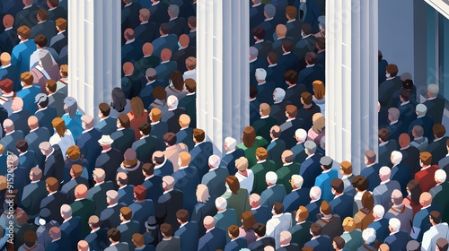 The Weight of Expectations: A sea of suited figures converge upon imposing neoclassical columns, their sheer number evoking themes of societal pressure