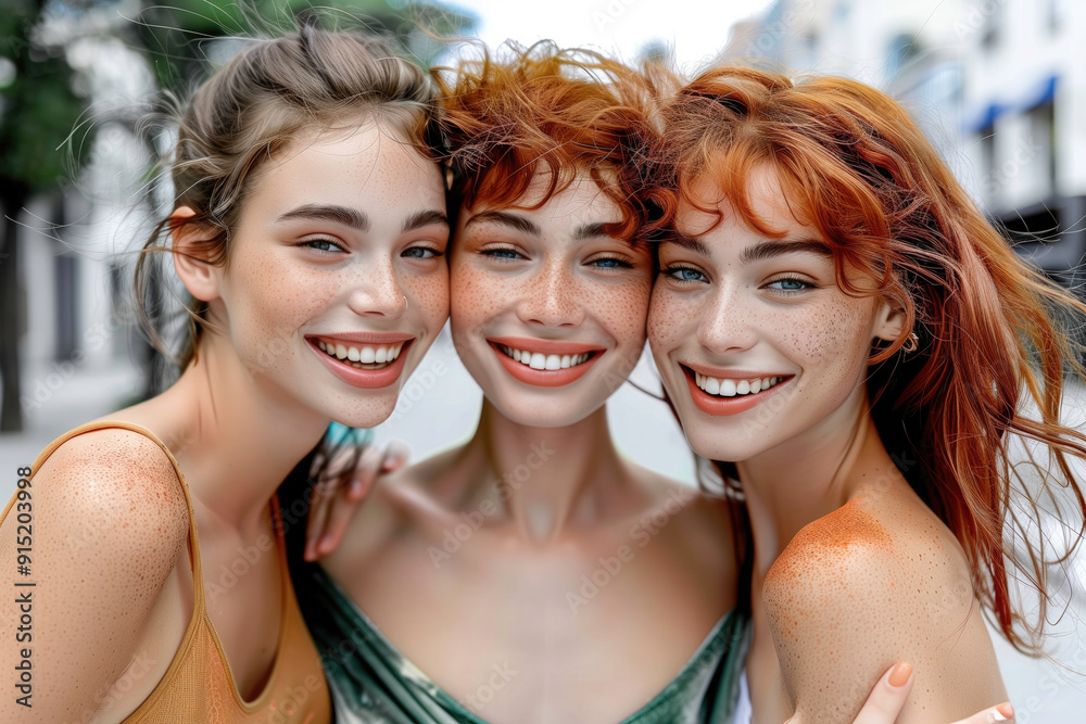 Three women with red hair are smiling and posing for a picture Three women with red hair are smiling and posing for a picture