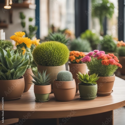 Vibrant potted succulents and cacti on a wooden table lit by natural light through a large window. (137 characters)