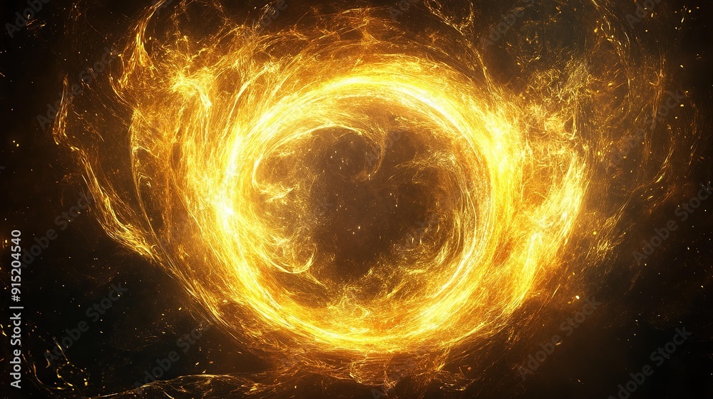 Fototapeta premium Abstract background with a glowing golden ring in the center, surrounded by swirling energy and sparks.