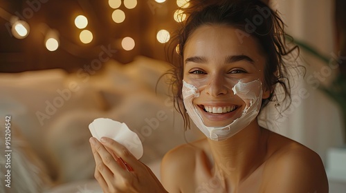 woman smiling and holding a facial mask, ready to apply photo