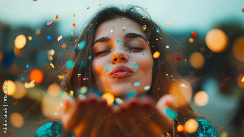 A young woman blowing confetti into the air with a joyful expression at a party A young woman blowing confetti into the air with a joyful expression at a party