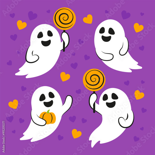 Illustration of funny ghosts. Set of cute ghosts for Halloween card design
