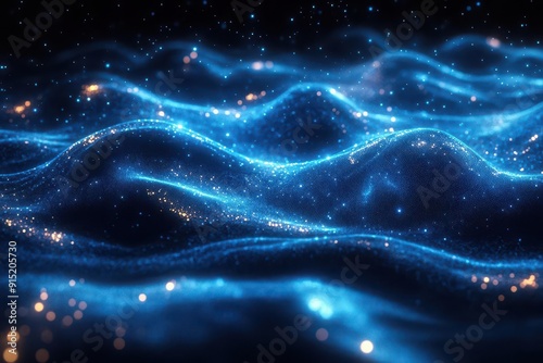 abstract visualization of data streams interwoven strands of light form complex 3d network cool blue tones create sense of depth and technological advancement